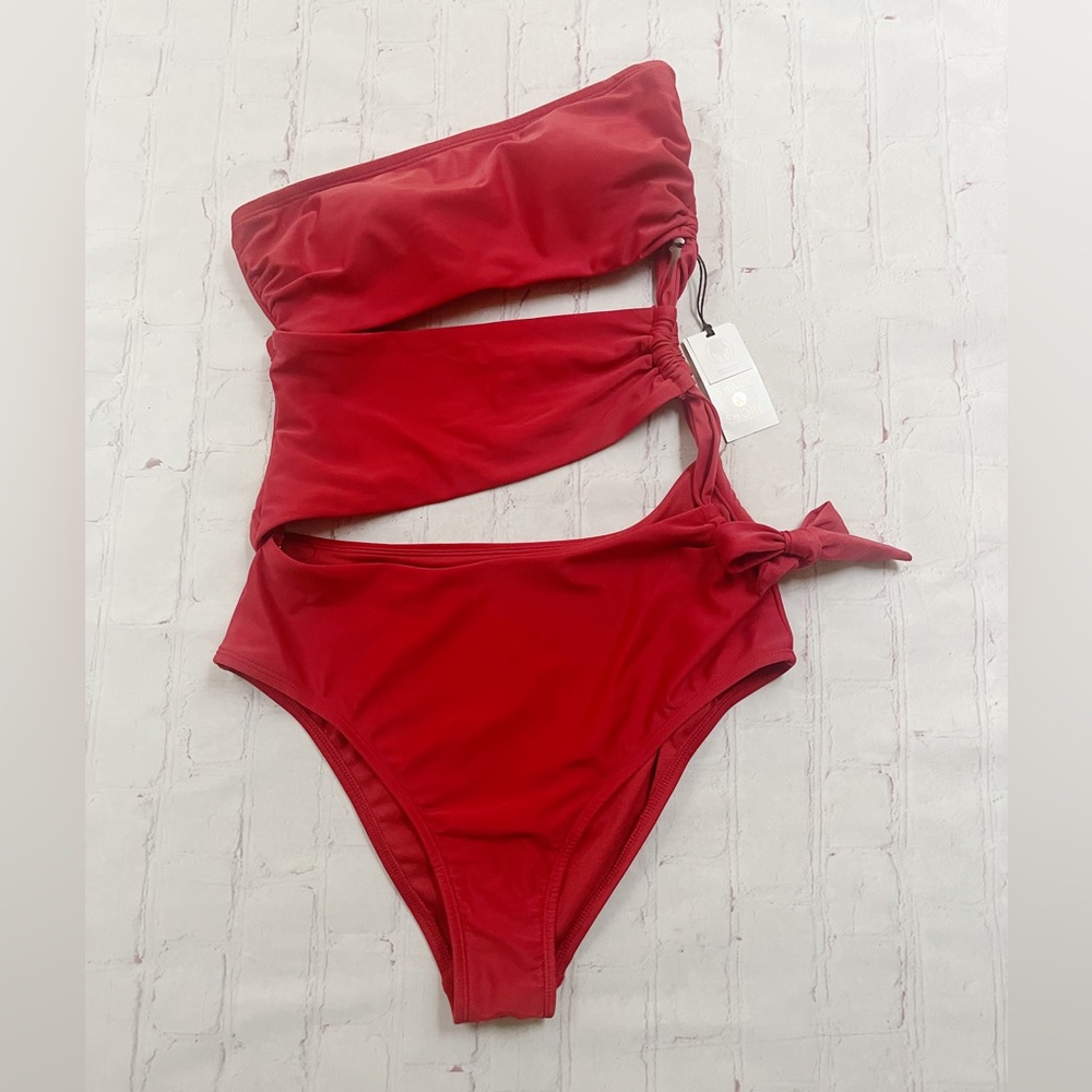 [Shade & Shore] NWT deep red asymmetrical cutout bandeau 1 piece swimsuit Small